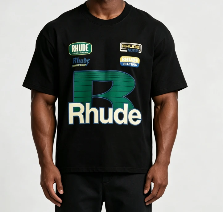 2026 New Rhude Family Matching Unisex Oversized T Shirt Retro Racing Badge Letter Graphic Streetwear Loose Cotton Tee