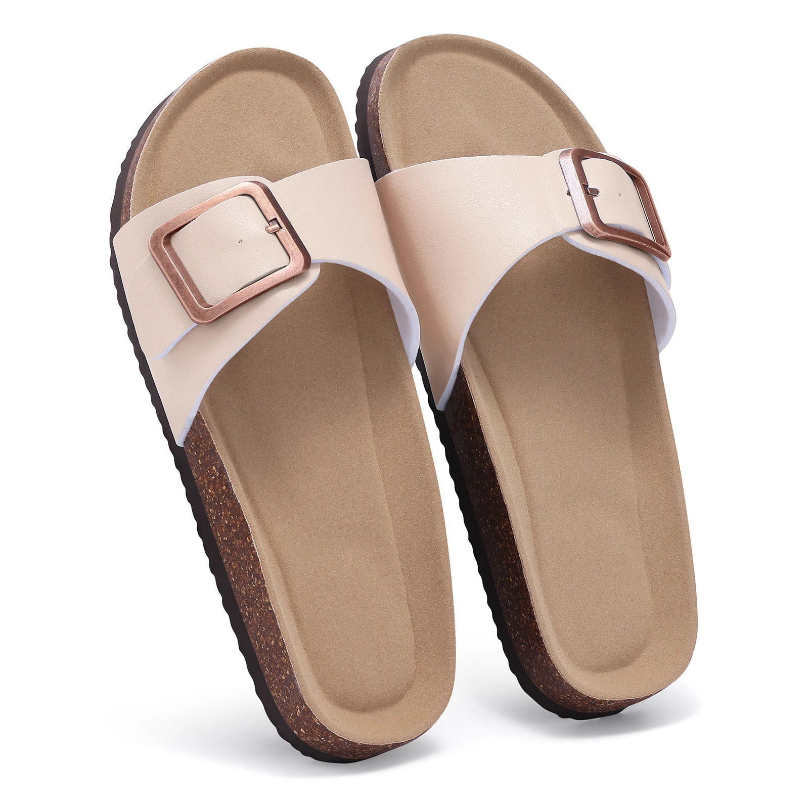 Sandalias De Cuero Para Mujer Con Plantilla De Corcho Y Soporte De Arco, Hebilla Ajustable, Ideales Para Playa En Verano._voghion.com