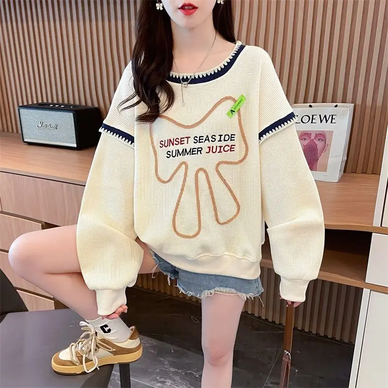 Female Fashion Korean Round Neck Patchwork Sweatshirts Autumn Winter Women\'s Clothing New Long Sleeve Loose Fake Two Pieces Top