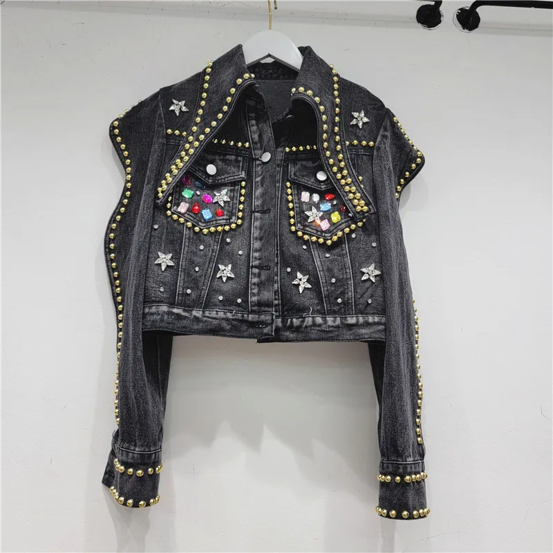 

Spring Women Rivet Beaded Diamonds Slim Short Jeans Jacket Lapel Long Sleeve Single-breasted Blue Black Denim Jackets Streetwear