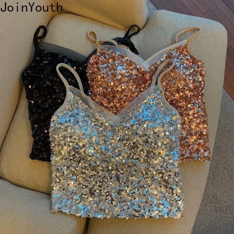 Silver Sequin V-neck Strapless Camisole for Women Fashion Summer Tunic Sexy Tanks 2023 Ropa Mujer Fashion Y2k Vest Crop Tops