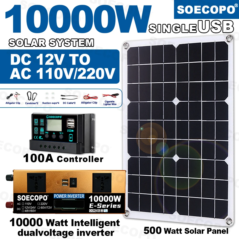 

SOECOPO 6000W Solar Power System Complete Kit 100A Controller 500W Panel DC 12V/24V AC 110V/220V Inverter(2 Socket) Home/Camping