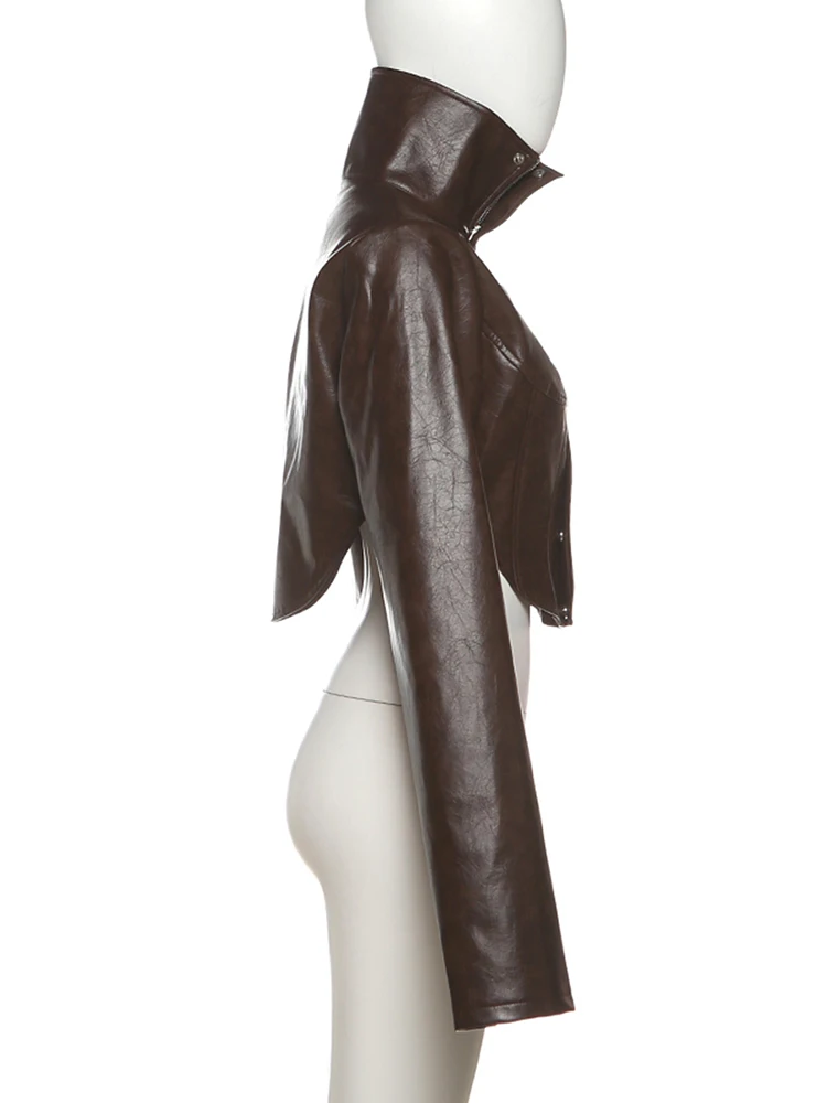 Nibber Hottie Crop Jacke Frauen Rollkragen Pu Unregelmäßige Zip Taste Volle Hülse Wilden Sexy Straße Mitternacht Herbst Hipster Mantel – Detail 12