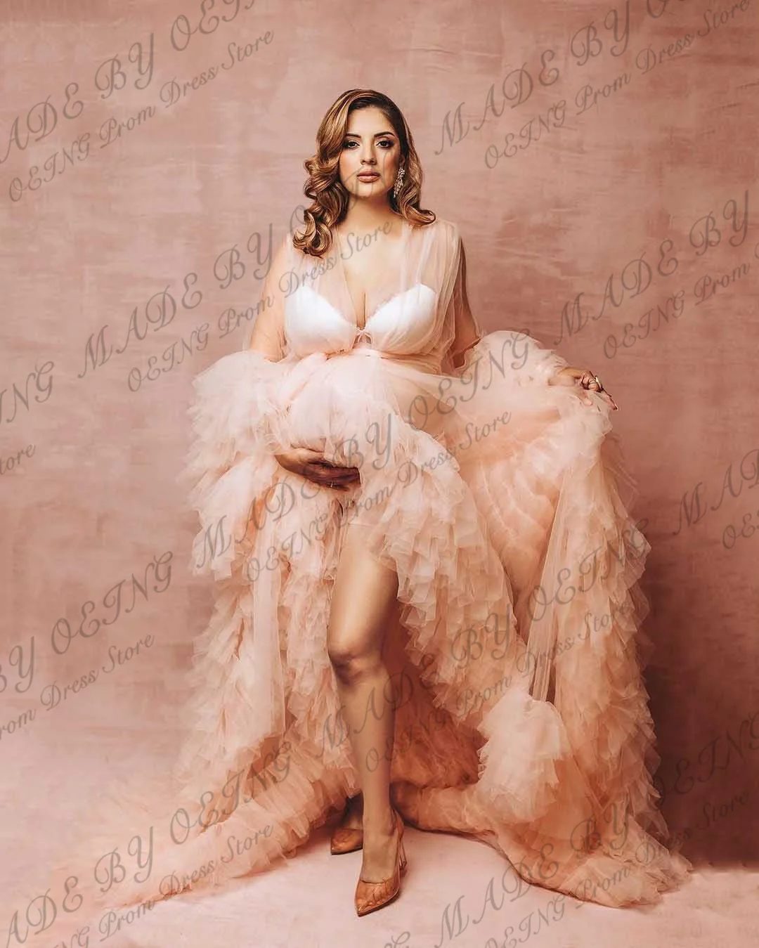 OEING Elegant Long Maternity Gowns for Photo Shoot Simple Sweetheart Neck Tulle Tiered Front Slit Photography Robe Baby Shower