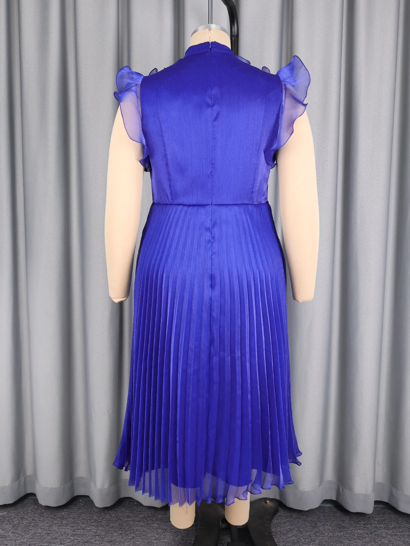 Plus Size Elegant Women Sleeveless Dress Ruffled Collar Pleated Hem Casual Office Party Formal Evening Dates Wedding Guest Gown