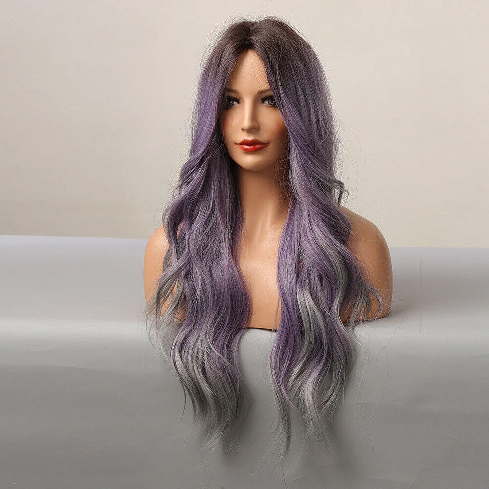 Purple Long Wavy Hair Women  Natural Wigs Cosplay Party Synthetic