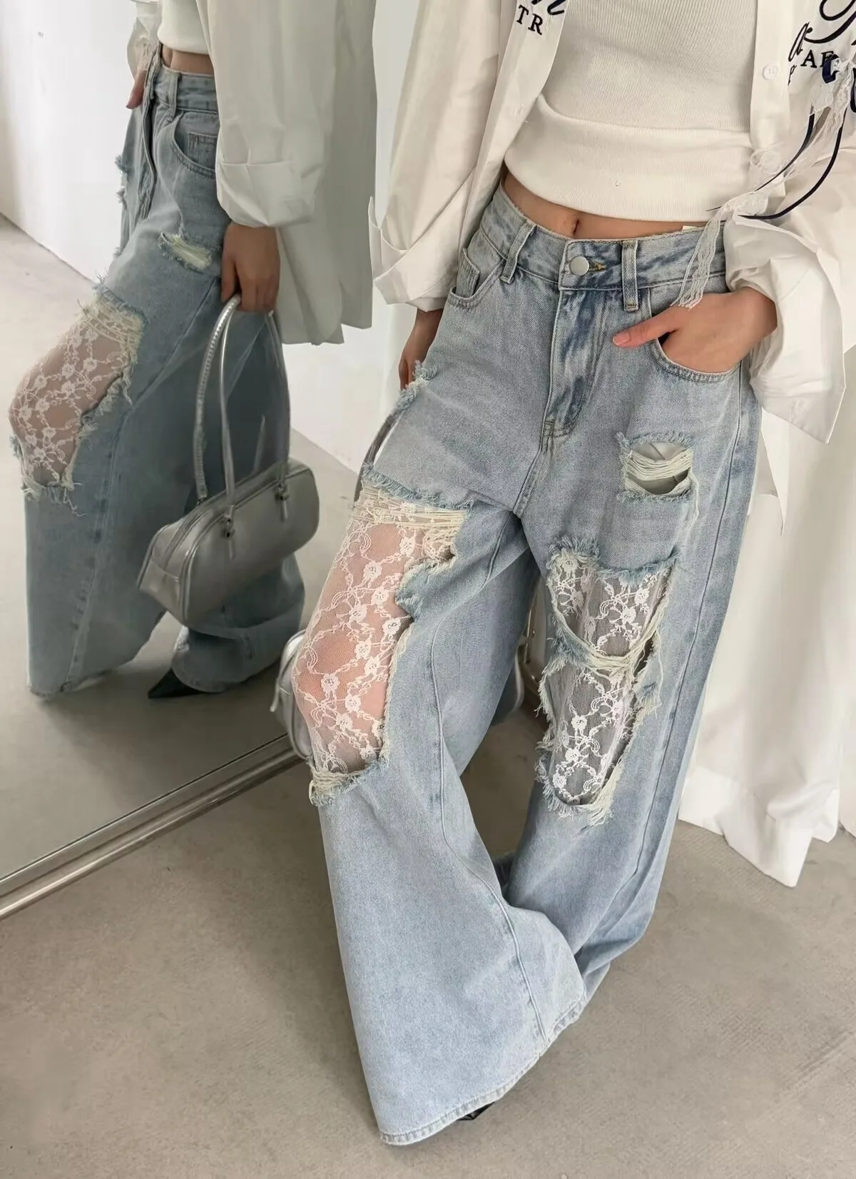 

American Distressed Lace Patchwork Wide-Leg Jeans Women's High Street Retro Oversized Lazy Drop-Crotch Palazzo Pants for Summer
