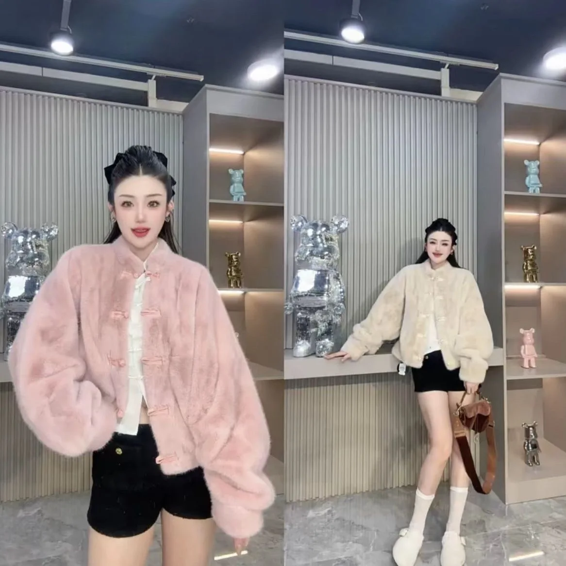 جديد النمط الصيني الوطني المنك زر معطف فرو قصير المرأة 2025 الشتاء فو الفراء سترة موضة كم طويل معاطف دافئة الإناث