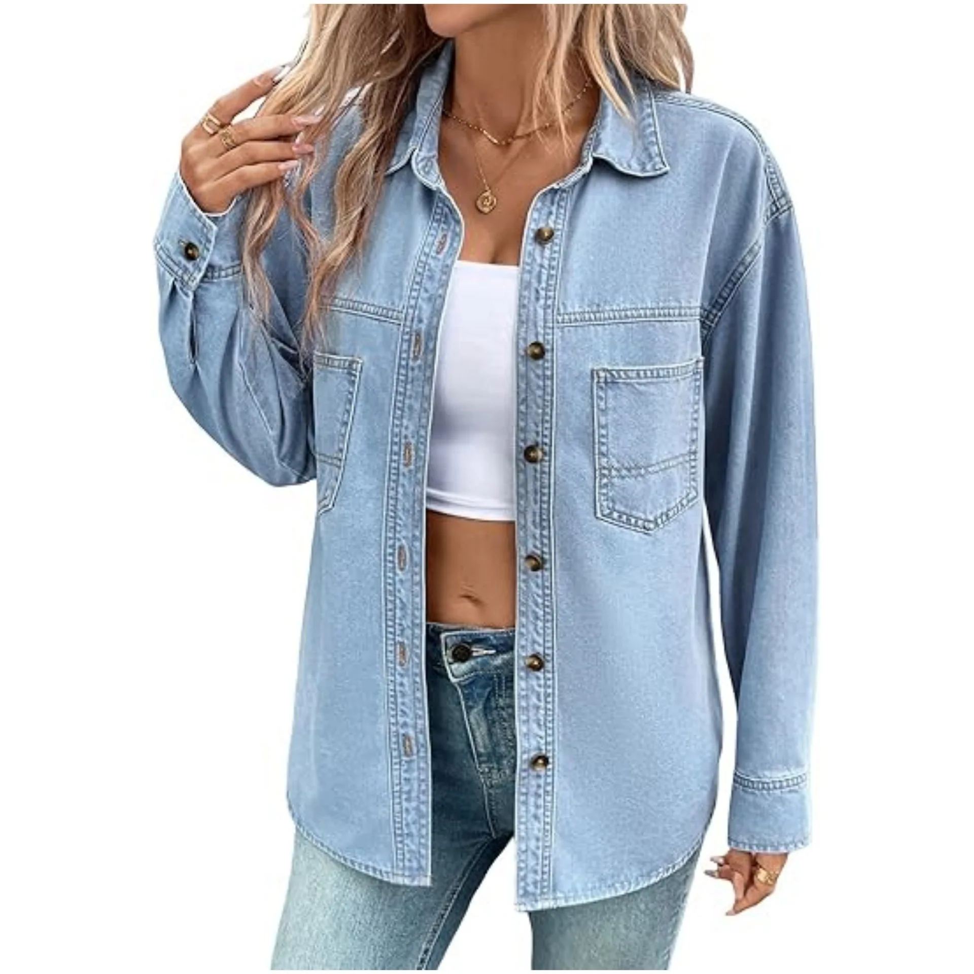 Women Loose Turn-down Collar Breasted Solid Color Casual Simple Daily Wash Denim Shirts New Fashion European American Female