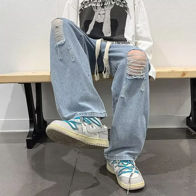 

Рваные джинсы мужские летние тонкие свободные прямые широкие брюки Ruffian красивые повседневные брюки American High Street