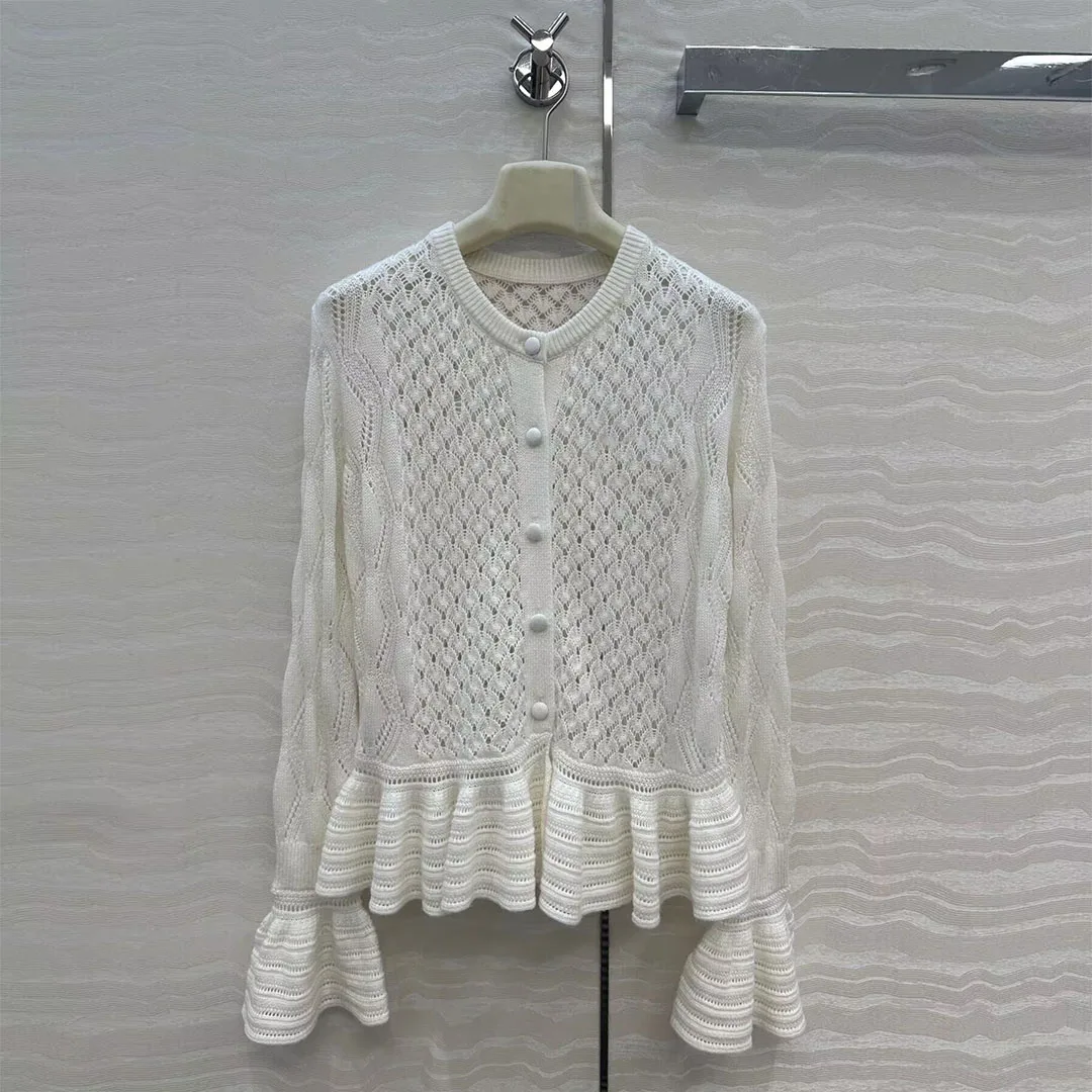 

2025 New Autumn Elegant Vintage Flare Sleeve Knitted Sweater Women O-neck Single Breasted Hollow Out Crochet Sweet Cardigans