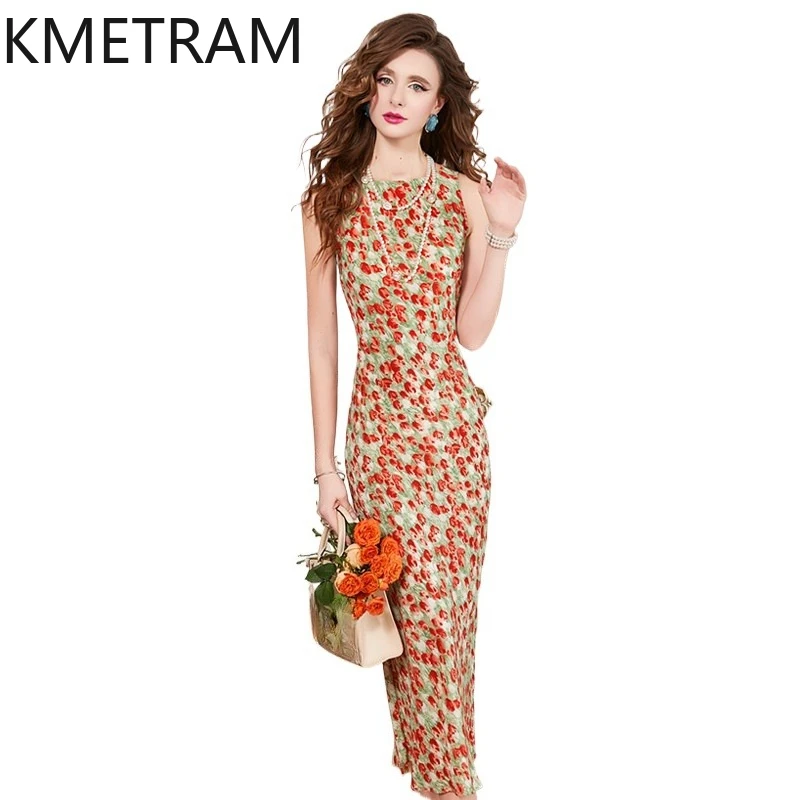 

KMETRAM 100% Mulberry Silk Tank Dresses for Women Floral Long Dress Sleeveless Bodycon Vacation Summer Frocks 2026 Woman Clothes