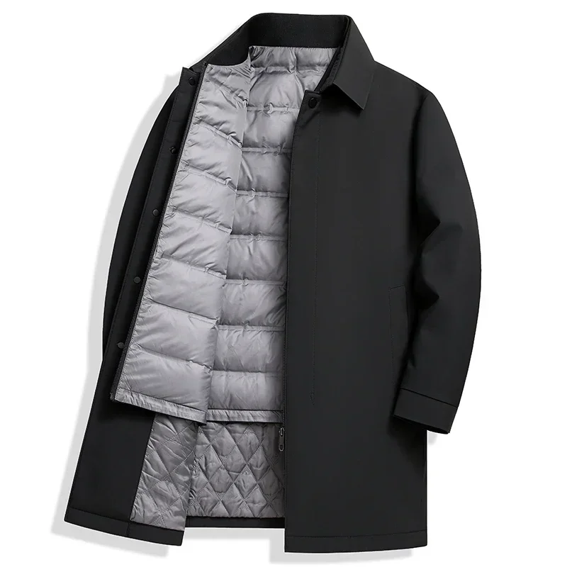 Mid-Length Warm Duck Down Liner Windbreaker Jackets 2025 Winter Men's Outwear Casual Solid Top Puffer Coat Thick Zipper Overcoat