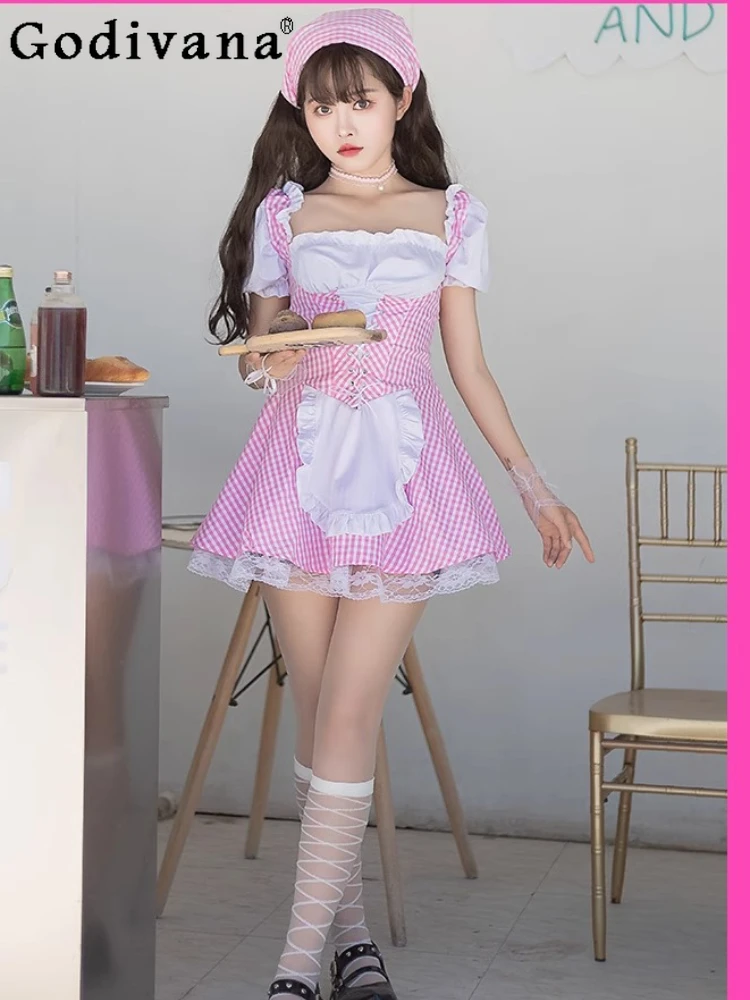 

Anime Maid Cos Cute Female Pink Uniform Dresses Square Neck Short Sleeves High Waist A-line Age-reducing Plaid Japanese Dress