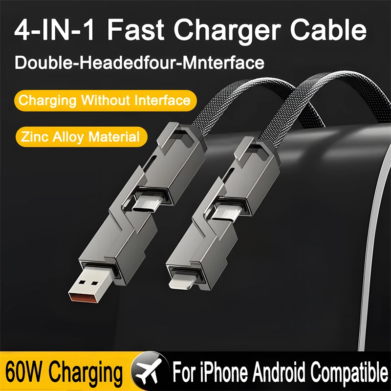 4 in 1 PD 60W USB Type C Fast Charger Cable For iPhone 15 Pro Max 14 13 USB A To IOS For Samsung Galaxy S24 Xiaomi Huawei OPPO