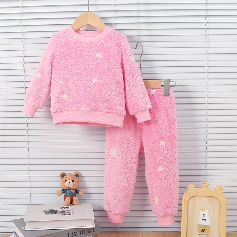 Baby Girl Pink Autumn/Winter Plush Night Fluorescent Home Fur Baby Warm Pajama Set Sweet Chid Accessories