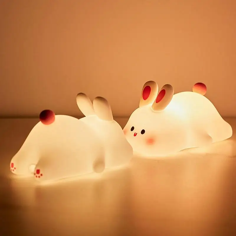 Coelho bonito Silicone LED Night Light para crianças, toque macio, abajur, abajur, abajur, abajur, abajur, presente de Natal