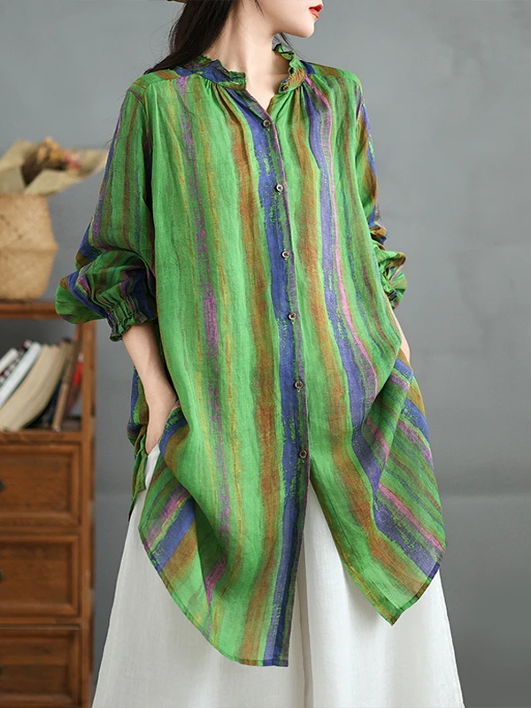 

Retro Print Striped irt Women's plus Size Stand Collar Mid-Length Svel Coat Split Side Long Sve Outerwear