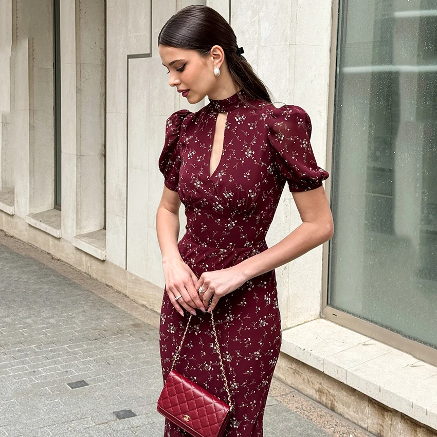 Linad Spring Elegant Print Long Dress Vintage High Waist Puff Sleeve Dresses Lady Casual Chiffon Turtleneck Dress For Women 2026