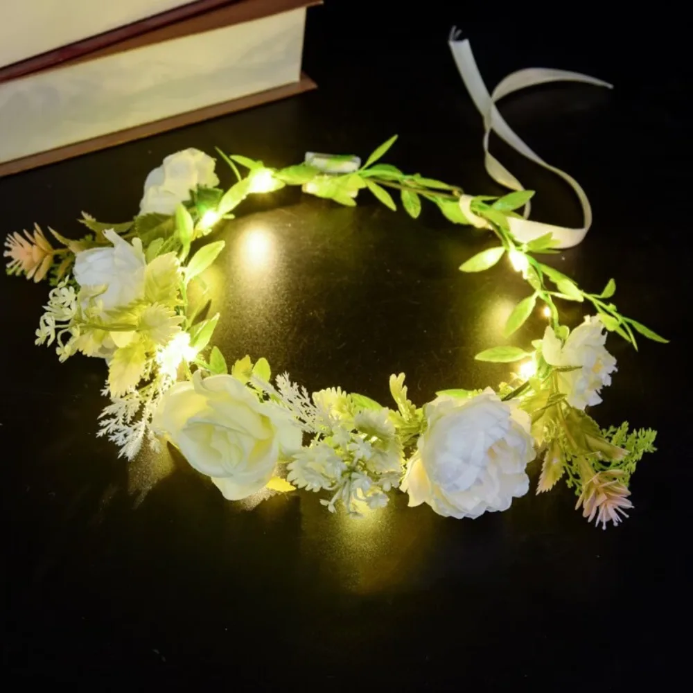 Simulation Rose Flower Flower Crown Hairband Hair Hoop Luminous Wreath Headband Glowing Flora LED Light Garland Music Festival