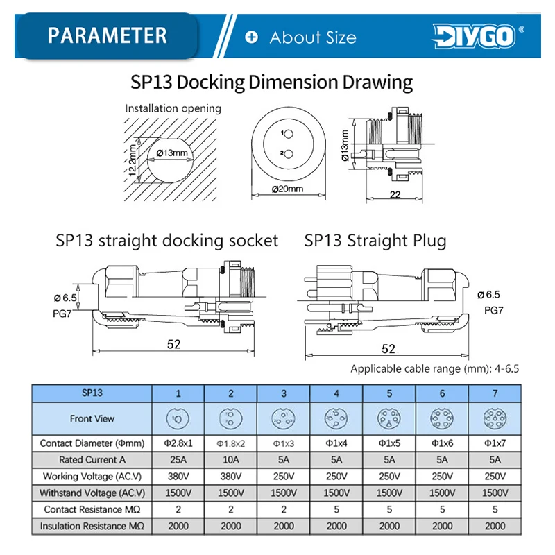 SP13 IP68 Waterproof Connector 4-6.5mm Cable Connector plug&socket Male Female 1-9 Pin Butt Outdoor Electrical Connectors DIY GO