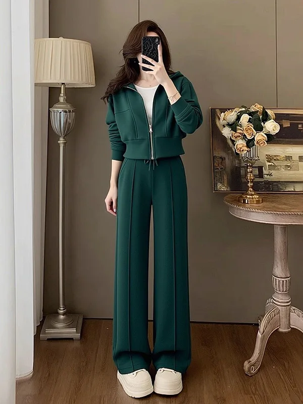 

Модный омолаживающий розовый повседневный спортивный костюм для женщин: утепленная толстовка и брюки с высокой талией, комплект из двух предметов для осени и зимы