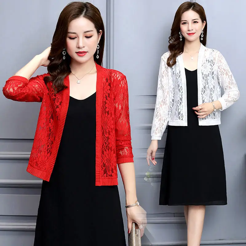 2024 Autumn Summer  6XL Lace Cardigan Women Female Cardigans Solid Color  Shawl Coat Ladies Outerwear E130