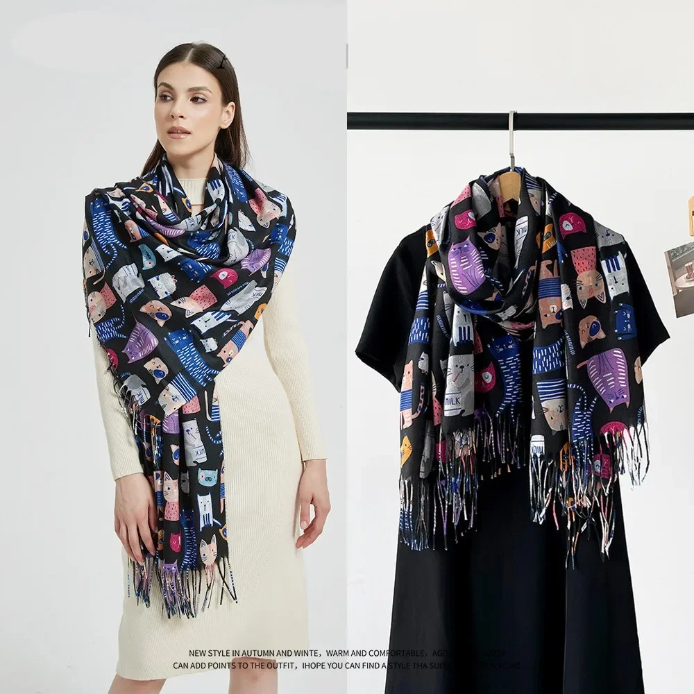 

Oil Painting Cashmere Tassels Scarf Women Winter Cat Print Pashmina Shawls And Wraps Ladies Cape Travel Blanket Scarves 2024 New