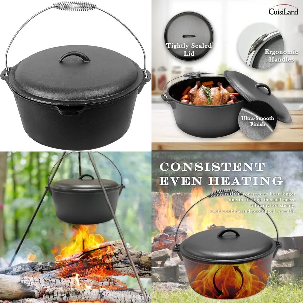 

Pre-Seasoned 9 Quart Cast Iron Dutch Oven - Outdoor Cooking Pot for Campfire Baking, Brai, and More