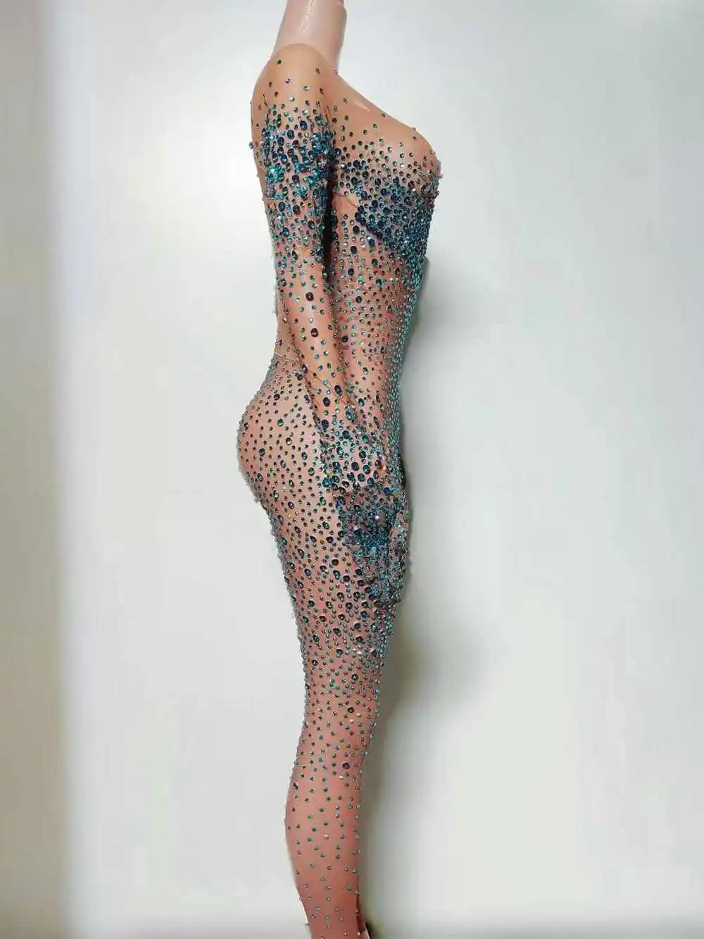 Sparkly Strass Mesh Transparent Overall Handschuhe für Frauen Sexy Geburtstag Party Outfit Tänzerin Show Strampler Bühne Tragen