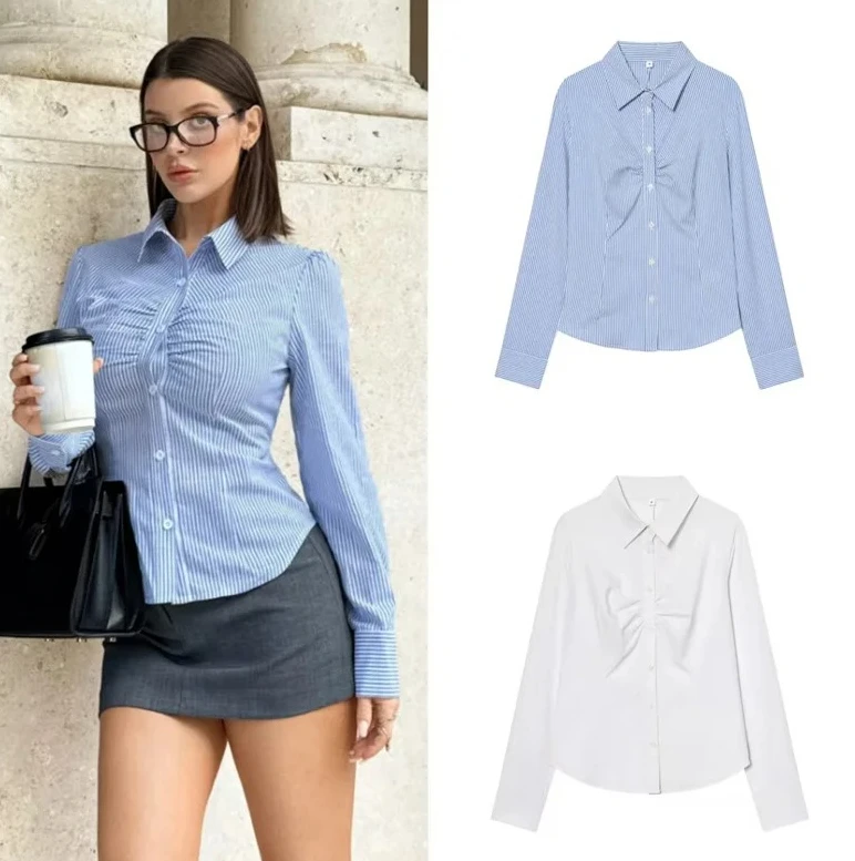 

Женская рубашка со складками, облегающая рубашка, простой стиль, модная новая однотонная рубашка с длинным рукавом и воротником