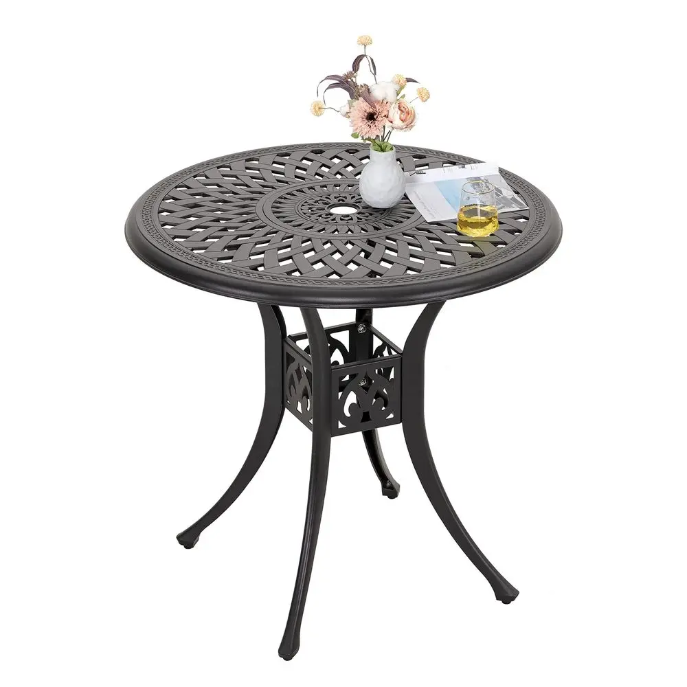 

30 Inch Patio Dining Table, Cast Aluminum Round Outdoor Table with Umbrella Hole for Patio, Backyard, DeckBlack