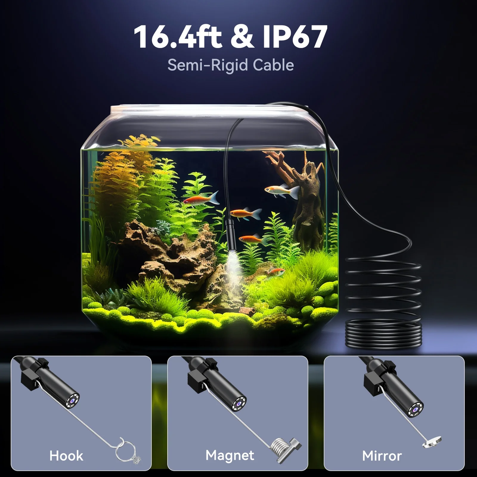 

4.3" IPS 1920P HD Industrial Endoscope Borescope Camera 8mm IP67 Waterproof 8 Adjustable LEDs 16.4FT Semi-Rigid Snake Cable