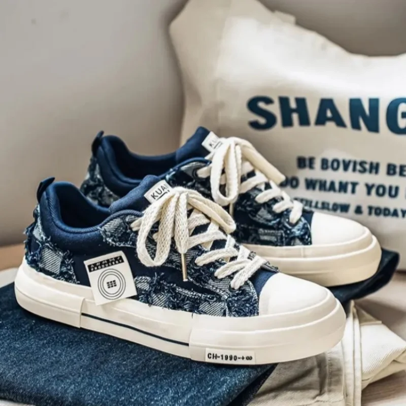 Men Canvas Shoes Spring Summer Retro Board Sneakers Distressed Frayed Edge Fabric Splicing Thick Flat Sole Streetwear