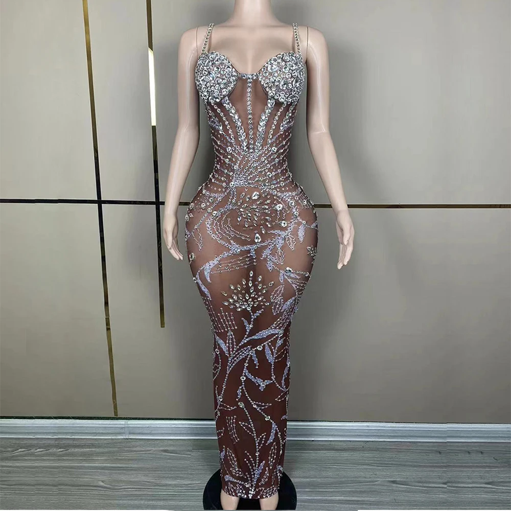 Customized New Sexy Lace Transparent Diamond Pearl Sequins Feather Water Diamond Wrap Hip Dress Long Dress Performance Dress