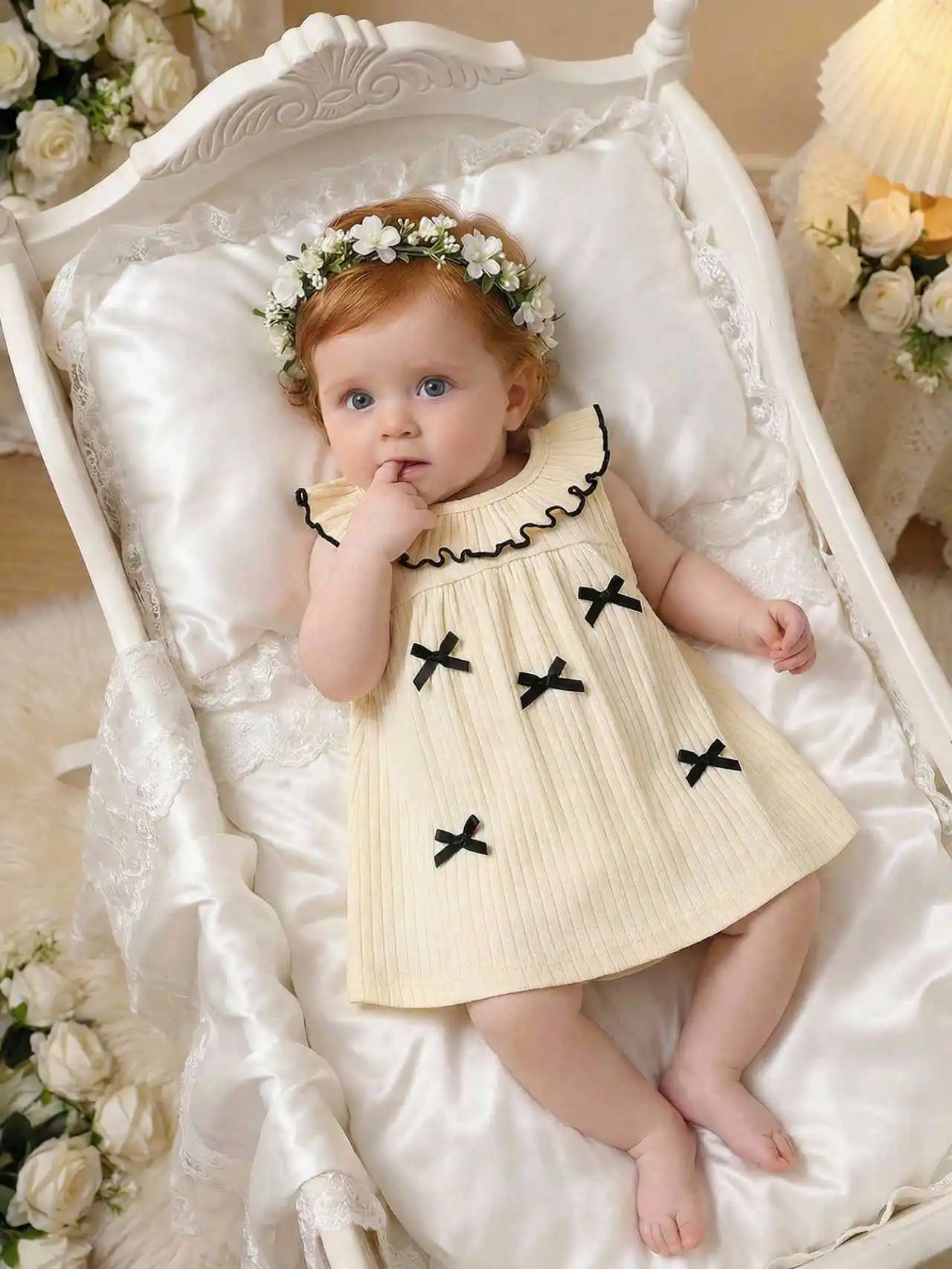 Newborn Baby Girl's Light Yellow Ruffled Collar Sleeveless Dress with Black Bow Summer New Arrival: Adorable and Elegant, Simple