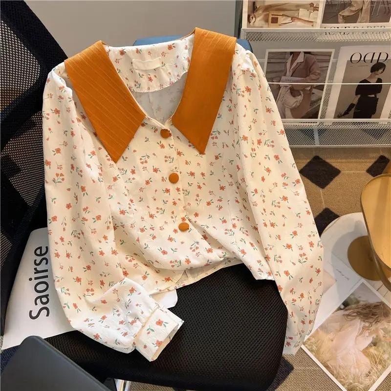 Doll Collar Bubble Sleeves Floral Chiffon Shirt for Women\'s Spring Autumn New French Style Casual Elegant Sweet Chic Small Top