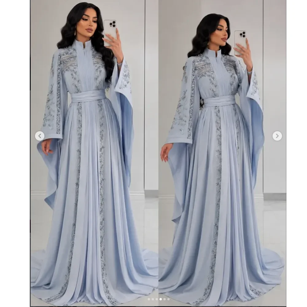 Moroccan Kaftan Muslim Evening Dress A-line Long Sleeves High Neck Applique Sequins Dubai Arabic Abaya Prom Gowns Customized