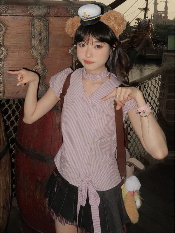 

Ретро-топ в полоску с коротким рукавом для женщин, приталенный, летний, нежно-розовый, в студенческом стиле, с эффектом тай-дай, повседневный, с V-образным вырезом