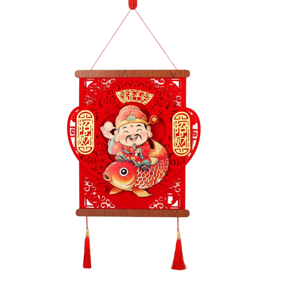 Traditional New Year Poster 2026 Year Of The Horse God Of Wealth Red Gold Flocked Fabric for Temple or Home Decor