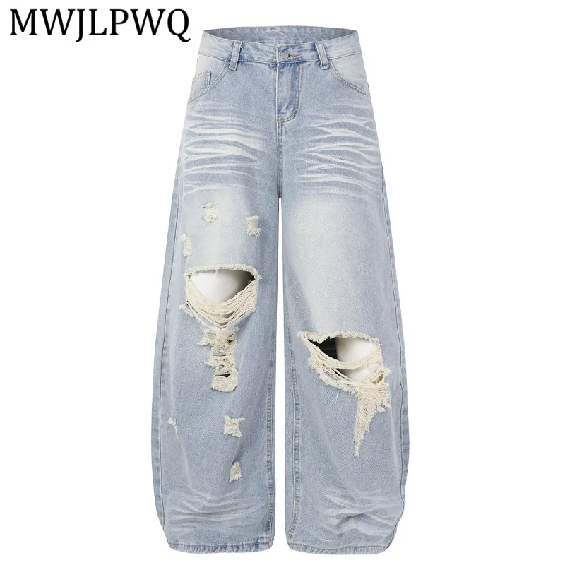 

MWJLPWQ American Street Style Washed Whiskered Ripped Curved Hem Jeans For Men And Women Loose Casual Wide-Leg Trousers 16269d