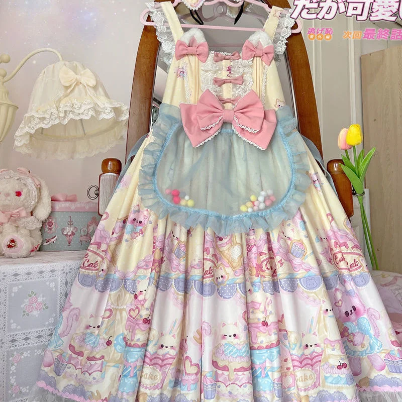 Sweet Lolita Dress Women Vintage Gothic Printed Summer Sleeveless Dress Japanese Bow Bear Kawaii Princess Maid Dresses JSK