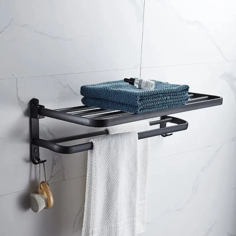 Matte Black 50CM Aluminum Foldable Towel Rack, Wall Mount Towel Holder with Multi Hooks for Bathroom Kitchen