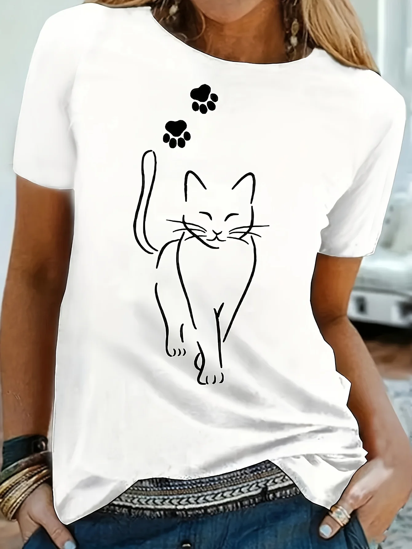 Cat Print T-shirt Short Sleeve Crew Neck Casual Top for Summer & Spring Women\'s Clothing