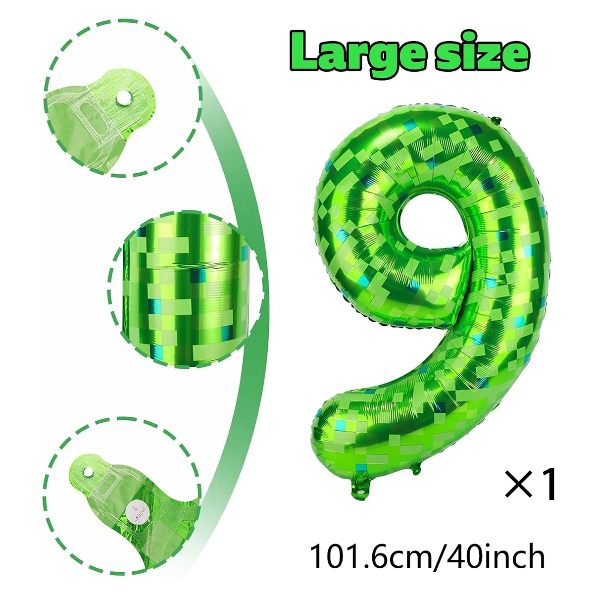 1 Stück 40 Zoll riesige grüne Pixelgrid-Miner-Themen-Digital-Aluminiumfolienballons 0-9 für Geburtstags- und Jubiläumsfeiern