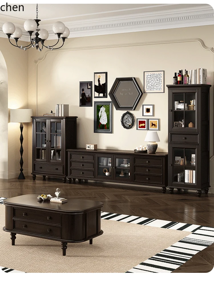 CZ Solid Wood Coffee Table and TV Cabinet Set Living Room Floor Cabinet Ivory White Tea Table