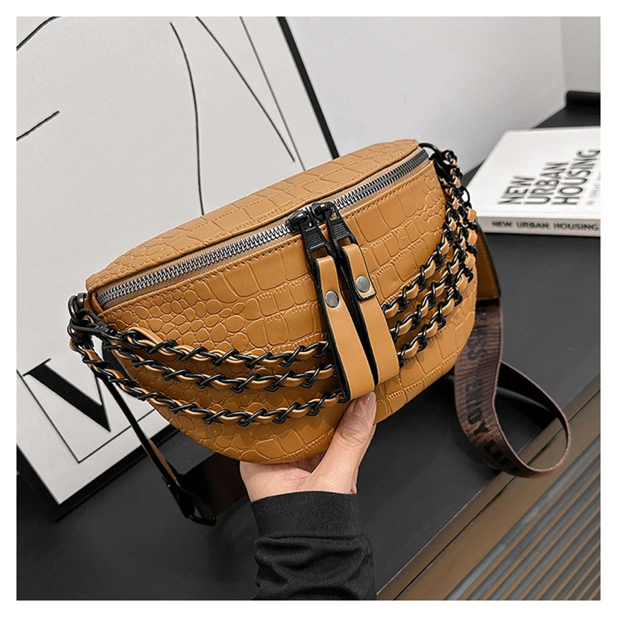 

Fashion Chain Waist Bag Women PU Wide Shoulder Strap Chest Bag Waist Packs Crossbody Bag Large Capacity Fanny Pack for Women