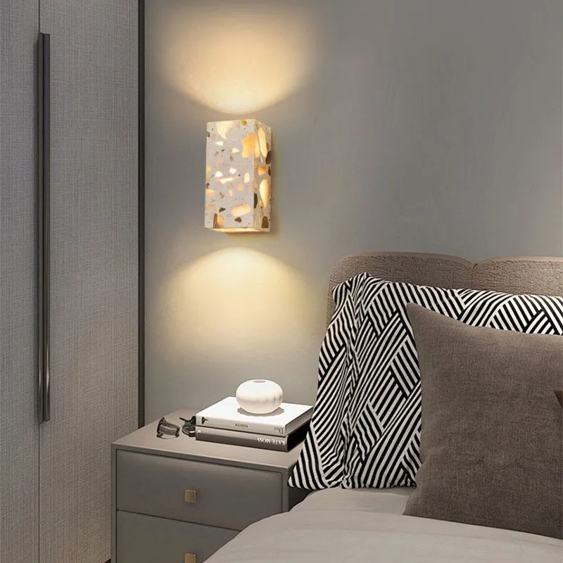 Nordic Modern LED Wall Lights Study Balcony Living Room Square Natural Terrazzo Stone Wabi Sabi Wall Lamp Lamparas De Pared