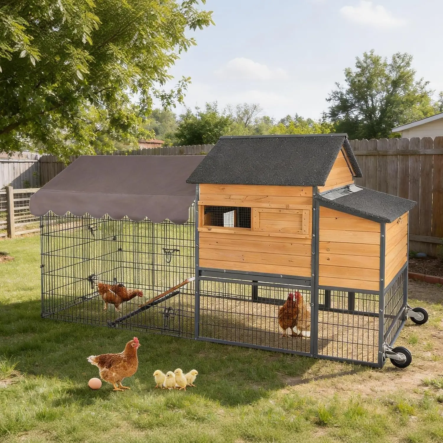 

Mobile Steel Frame Wooden Chicken Coop with Run Nesting Box Waterproof Roof Pull-Out Tray Expandable Cage, Customized