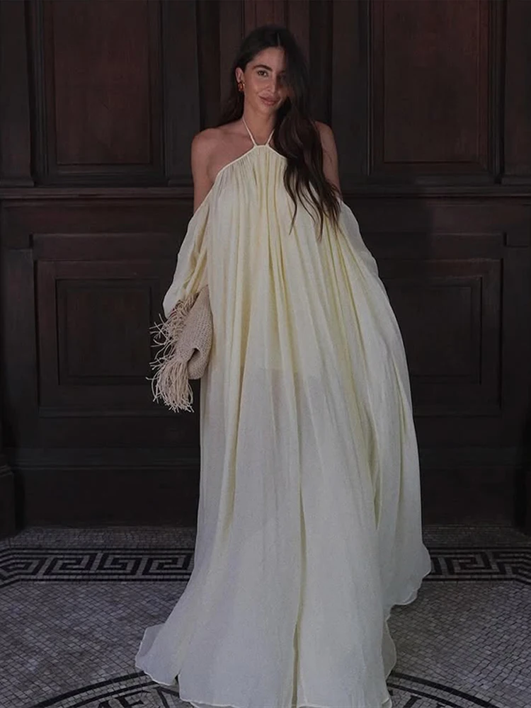 Modisches Sommer-Neckholder-Kleid mit langen Ärmeln, rückenfrei, locker geschnitten, hoher Kragen, Damenkleid, schick, für den Urlaub, einfarbig, Kleidung 2026